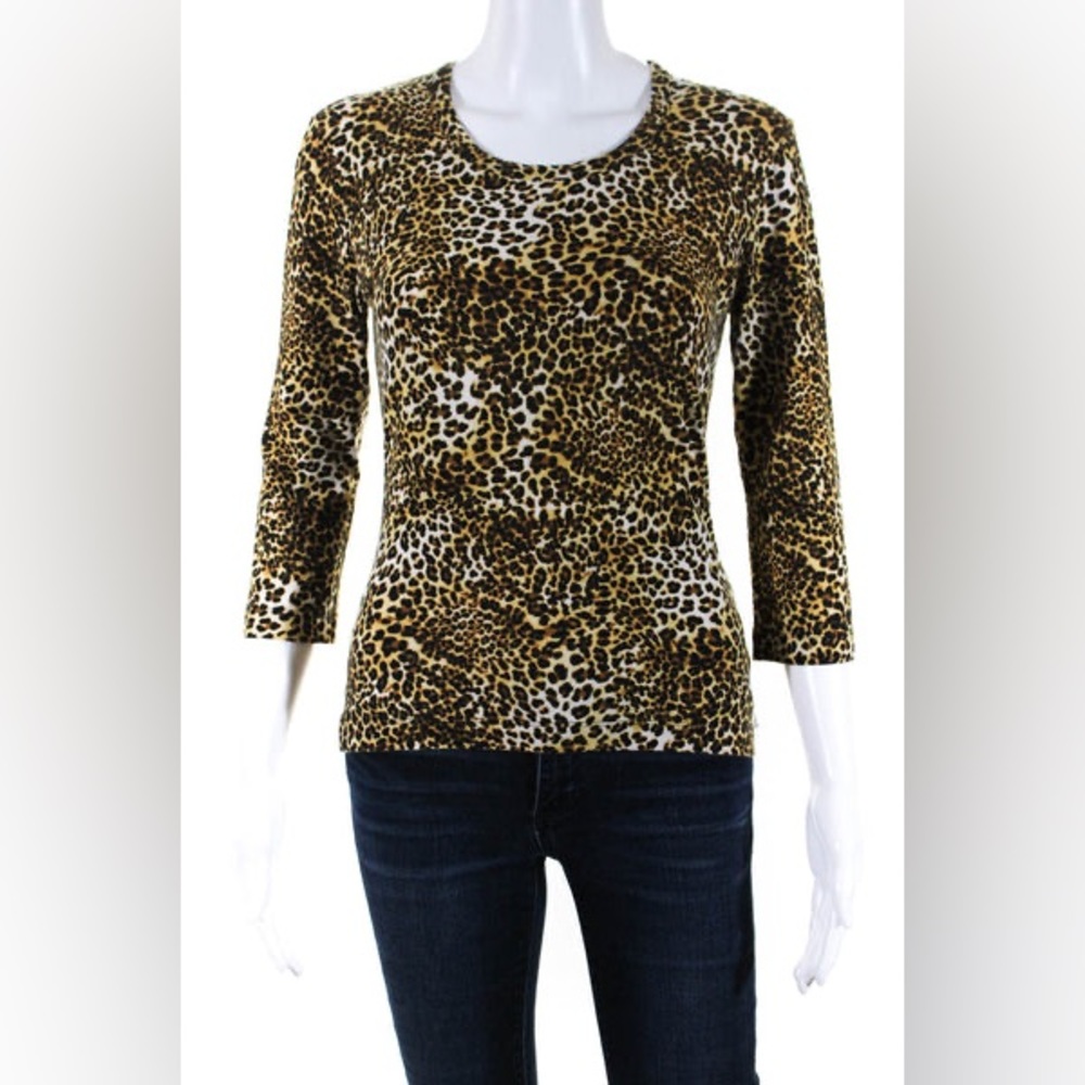 Auth. St. John for Northdrom Leopard Print 3/4 Sleeve Women's Top - Gold/Black